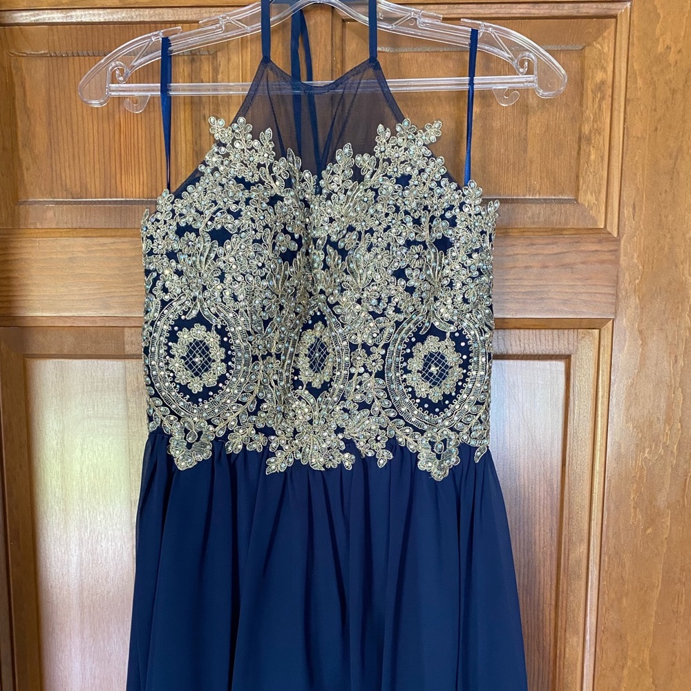 Navy blue and gold semi-formal dress, size 4.